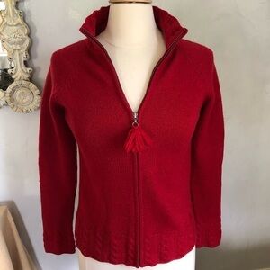 Charter club Red cable knit 100% lambswool sweater w/front zip up tassel size S
